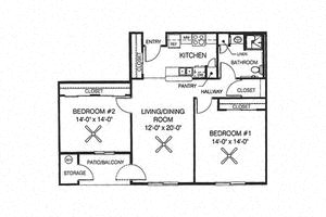 Floor plan for 2 beds, 1 bath, 938 sqft